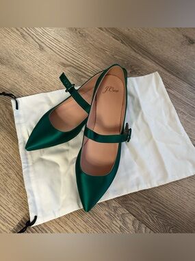 J. Crew Green Satin Pointed Mary Jane Flats